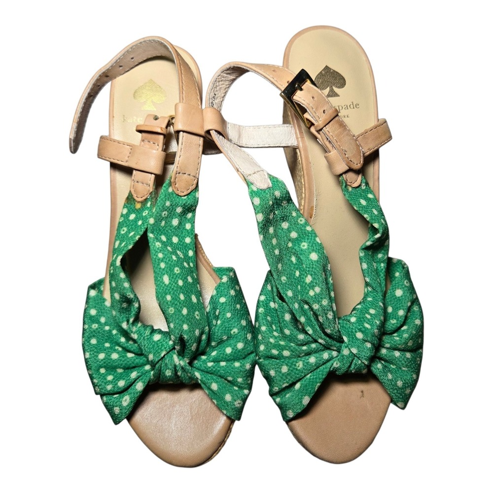 Kate Spade New York Green Polka Dot Bow Wedge Sandals Women's Size 6M